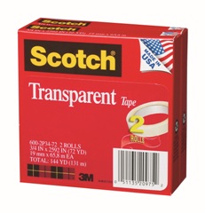 1/2&quot; x 72 yds.  3&quot; Core
Scotch 600 Transparent Tape 
72/cs