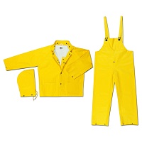 RIVER CITY PROTECTIVE WEAR
RAINSUIT COMMODORE 3 PIECE
DETACHABLE HOOD X LARGE .40MM 
YELLOW RIBBED PVC ON
POLYESTER 
NYLON JACKET WITH DRAWSTRING 
HOOD BIB PANTS WITH ELASTIC 
SUSPENDERS 2 PATCH POCKETS
RAINSUIT COMMODORE 3 PC